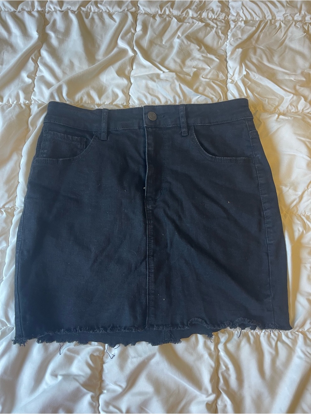 Garage Black Denim Mini Skirt with Frayed Hem